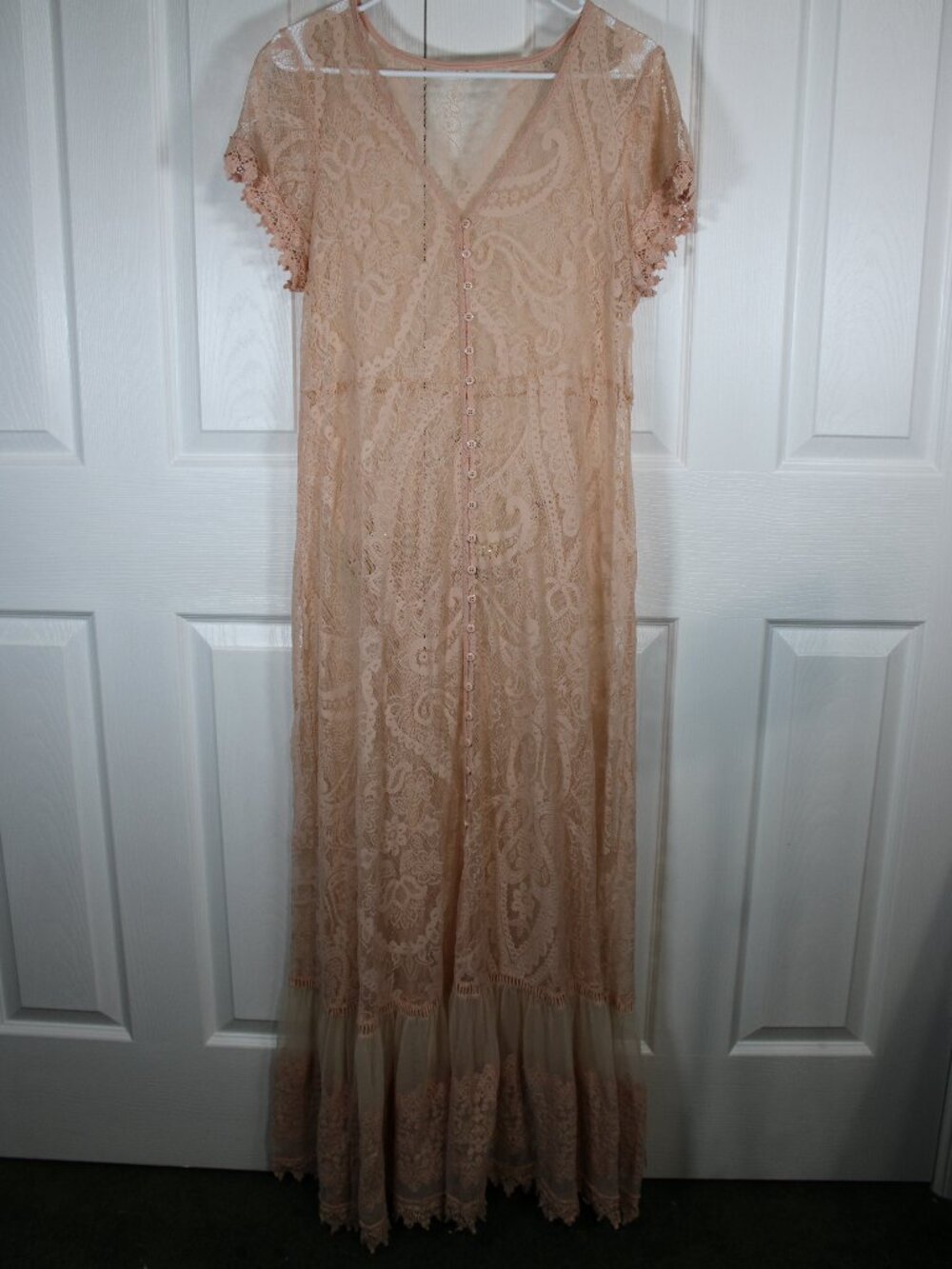 Blush Pink Short Sleeve Maxi Length Sheer Lace Button-Front Dress w/Ruffled Hem
